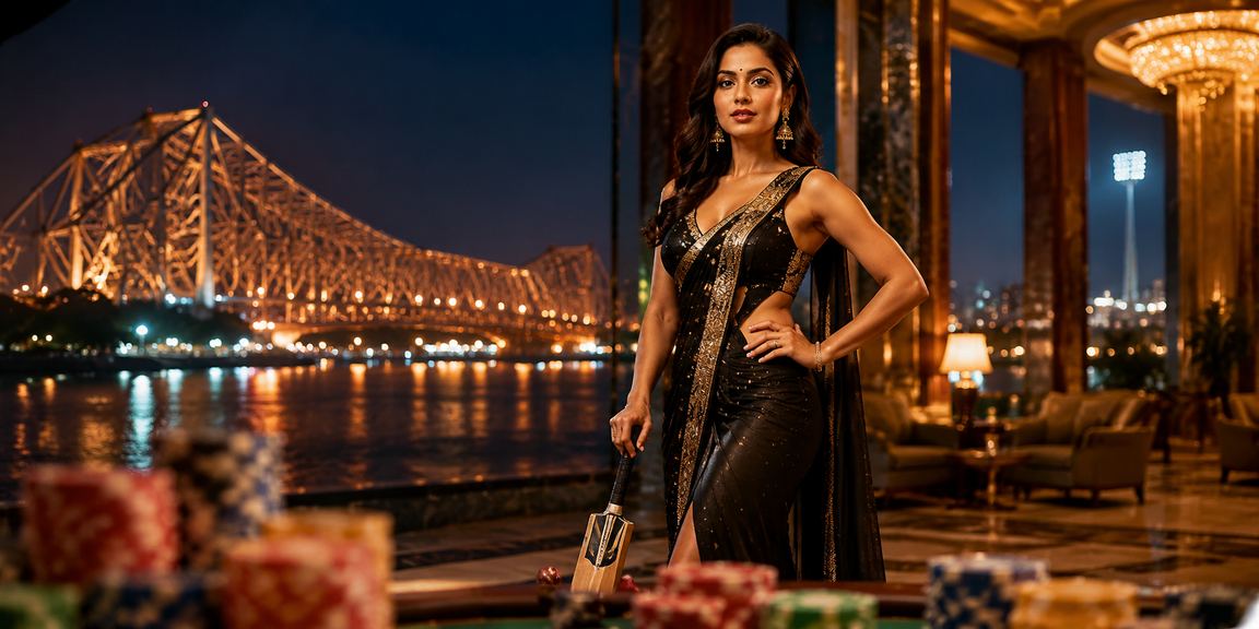 Kolkata Howrah Bridge illuminated at night with cricket fans enjoying betting